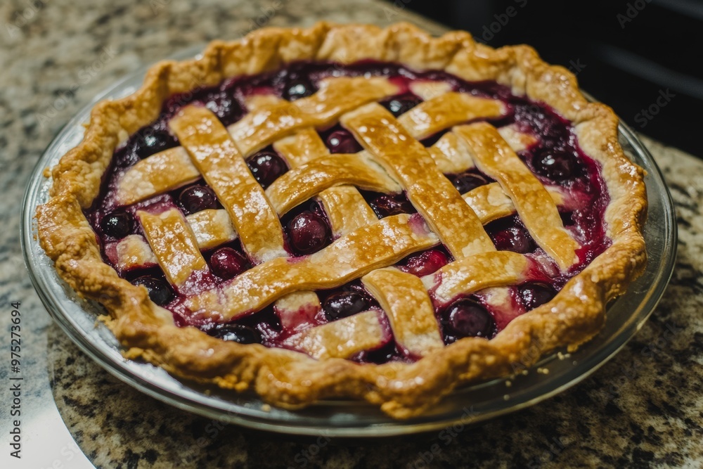 Homemade cherry pie with flaky golden crust baked in a cozy kitchen during summer Homemade cherry pie with flaky golden crust baked in a cozy kitchen during summer