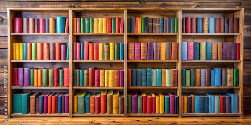 Colorful books in neat arrangement on wooden bookshelf in cozy reading nook , colorful, books, neat, arrangement Colorful books in neat arrangement on wooden bookshelf in cozy reading nook , colorful, books, neat, arrangement