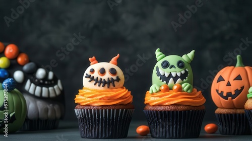 Halloween-themed cupcakes with creative monster designs, colorful frosting and candy decorations, Halloween treats baking, playful and spooky