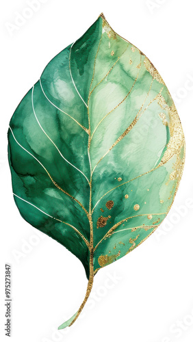 PNG  Green watercolor painting of leaft with gold glitter outline sketch line stroke plant creativity pattern. photo