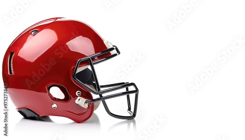 Red Football helmet is a piece of head protective equipment from hard hits, concussions, injuries used mainly in American football and Canadian football. isolated on white background with copy space photo