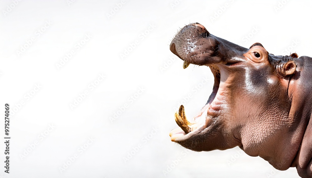 Nile or river Hippo with mouth wide open showing teeth - Hippopotamus amphibius - is a large semiaquatic mammal native to sub Saharan Africa dangerous and territorial. isolated on white background Nile or river Hippo with mouth wide open showing teeth - Hippopotamus amphibius - is a large semiaquatic mammal native to sub Saharan Africa dangerous and territorial. isolated on white background