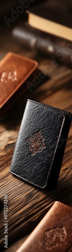 Personalized leather passport holder with engraved name, travelthemed gift, 3D illustration photo