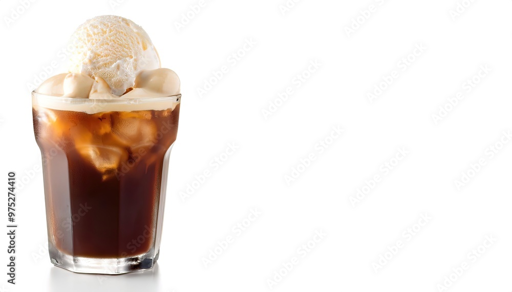 Cold Frozen Root Beer Float made with vanilla Ice Cream. Old fashioned classic summertime cold beverage snack. isolated on white background with copy space Cold Frozen Root Beer Float made with vanilla Ice Cream. Old fashioned classic summertime cold beverage snack. isolated on white background with copy space