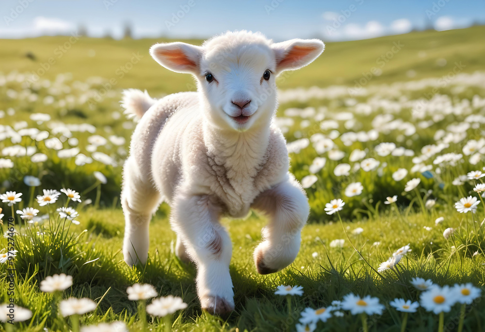 Obraz premium a young lamb walking on a meadow