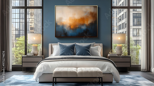 A modern bedroom with a large window, a king-size bed, and a large abstract painting on the wall. photo