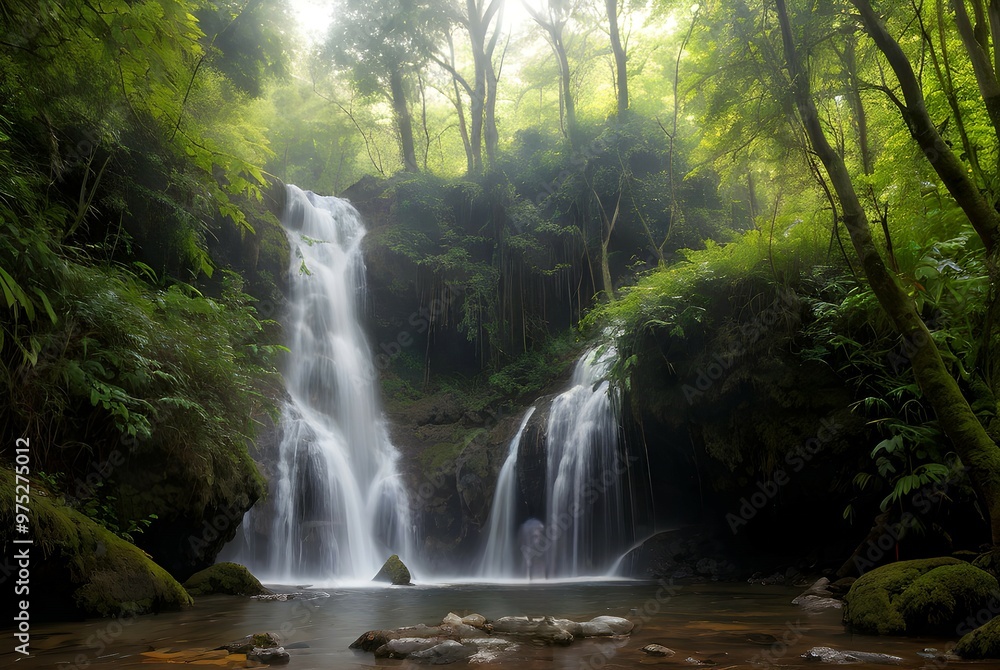 自然の緑の山の中の岩の間から流れ落ちる滝の美しい風景 自然の緑の山の中の岩の間から流れ落ちる滝の美しい風景