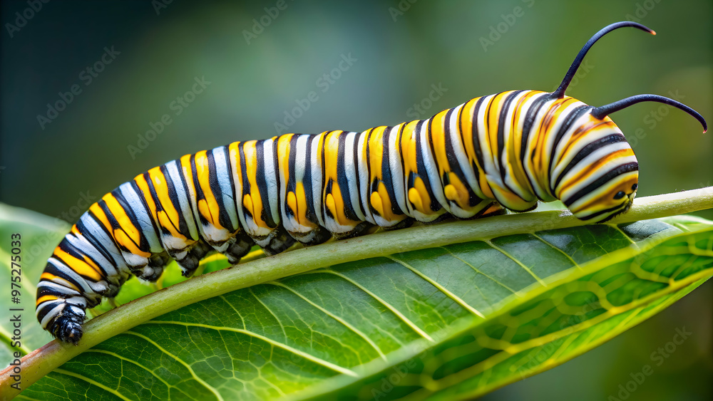 Monarch caterpillar eating komatsuna leaf, Monarch butterfly, caterpillar, eating, leaf, komatsuna, green, nature, insect