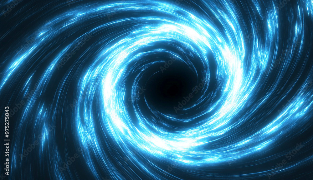 Abstract blue glowing swirls on a black background with a white circular light in the center Abstract blue glowing swirls on a black background with a white circular light in the center