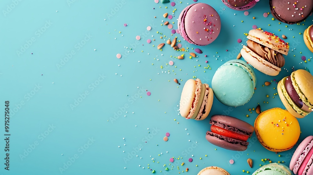 Vibrant macaroons with text space on an aqua backdrop Vibrant macaroons with text space on an aqua backdrop