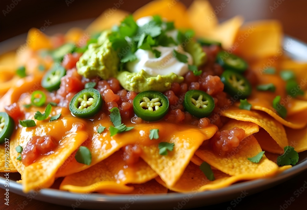 Delicious nachos topped with jalapeños, salsa, guacamole, and sour cream served on a plate during a casual dining experience. Generative AI Delicious nachos topped with jalapeños, salsa, guacamole, and sour cream served on a plate during a casual dining experience. Generative AI