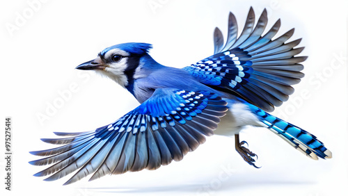 Bluejay flying with vibrant blue feathers against a clean white background, bird, tattoo, design, blue jay, flying photo