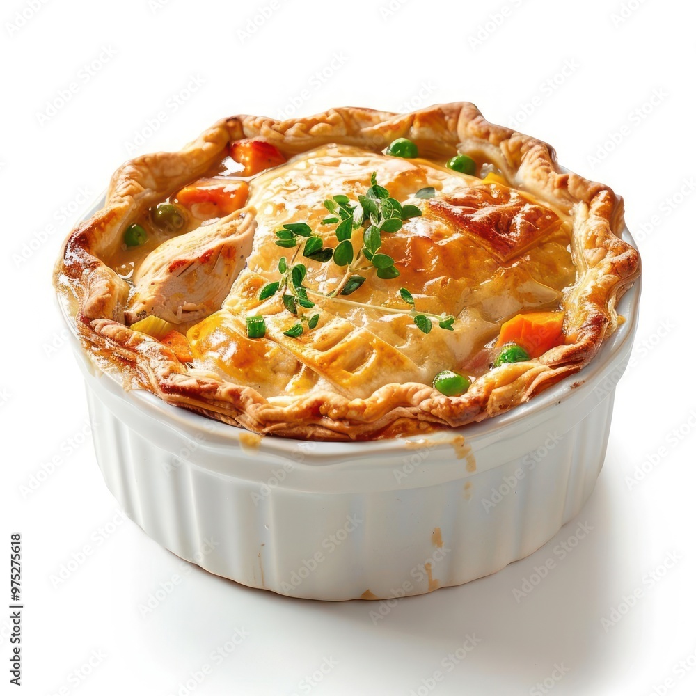 A tantalizing, homemade pot pie in a white ramekin, garnished with green herbs. A tantalizing, homemade pot pie in a white ramekin, garnished with green herbs.