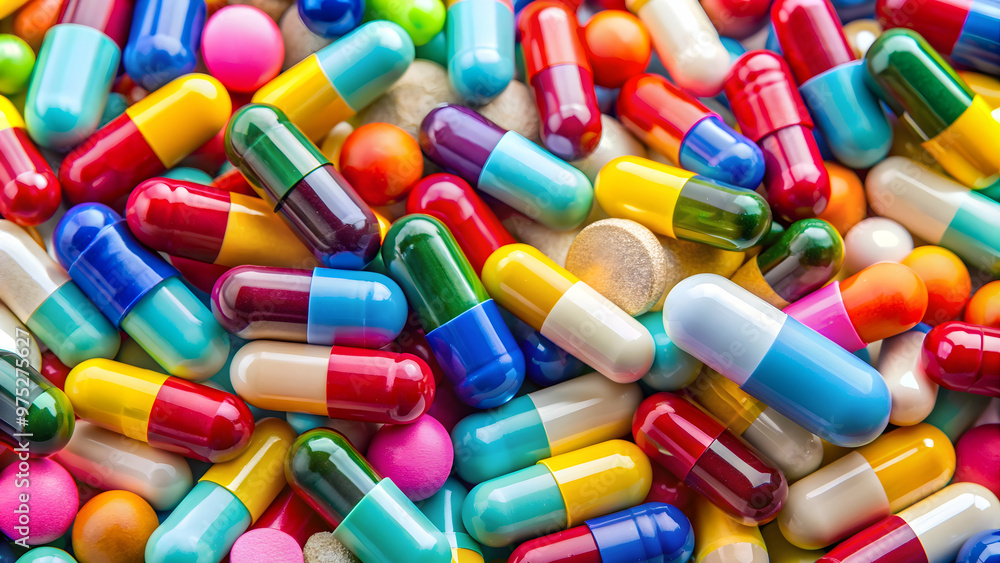 Close-up of colorful tablets and capsules, healthcare, medicine, pharmaceutical, vitamins, close-up Close-up of colorful tablets and capsules, healthcare, medicine, pharmaceutical, vitamins, close-up