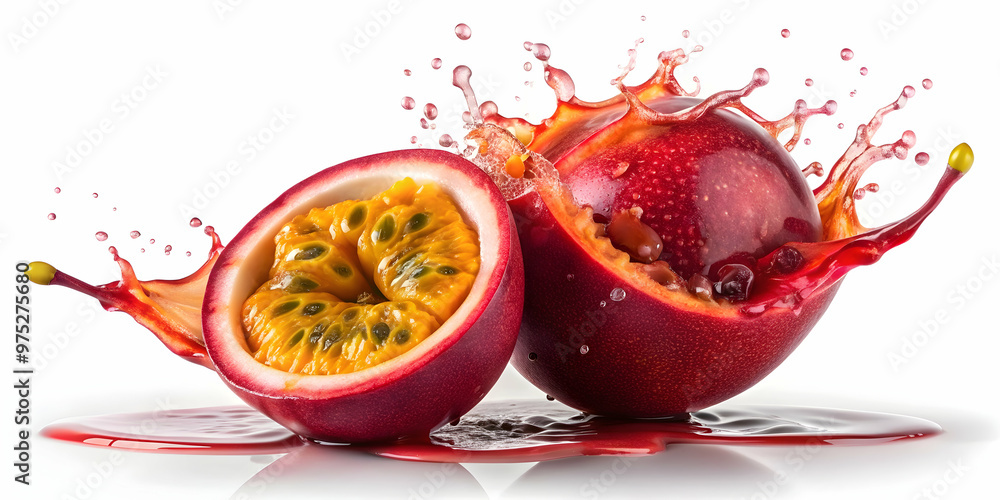 Red passion fruit and juice splashing on a white background, passion fruit, juice, red, splashing, white background Red passion fruit and juice splashing on a white background, passion fruit, juice, red, splashing, white background