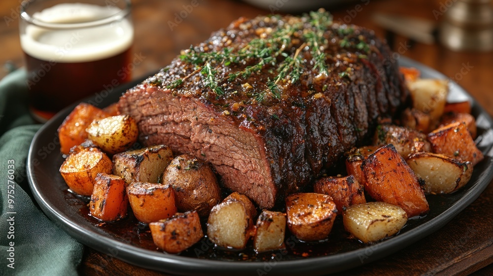 A hearty roast with vegetables served on a dark plate. A hearty roast with vegetables served on a dark plate.