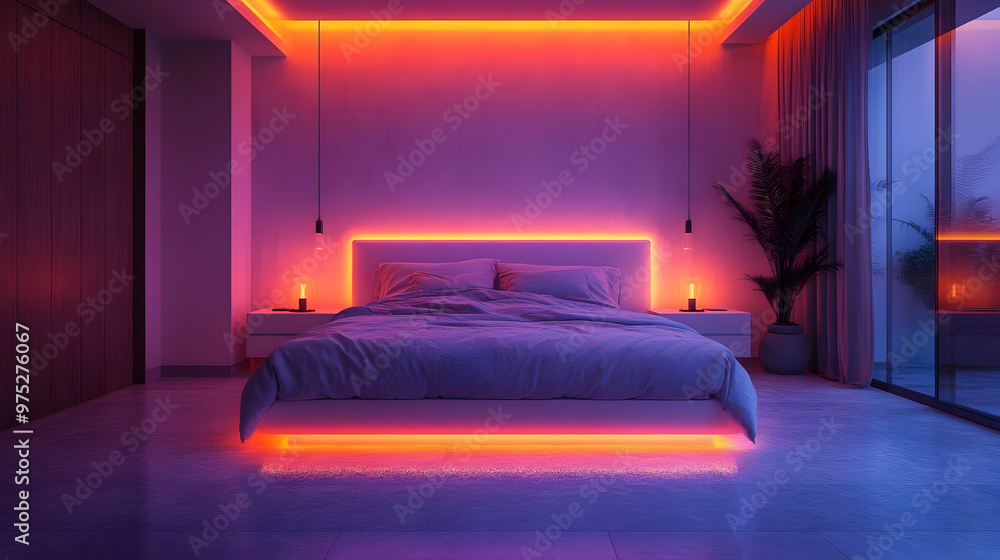 A modern bedroom with a white bed and nightstands, with orange and purple LED lights illuminating the room and a plant in the corner. A modern bedroom with a white bed and nightstands, with orange and purple LED lights illuminating the room and a plant in the corner.