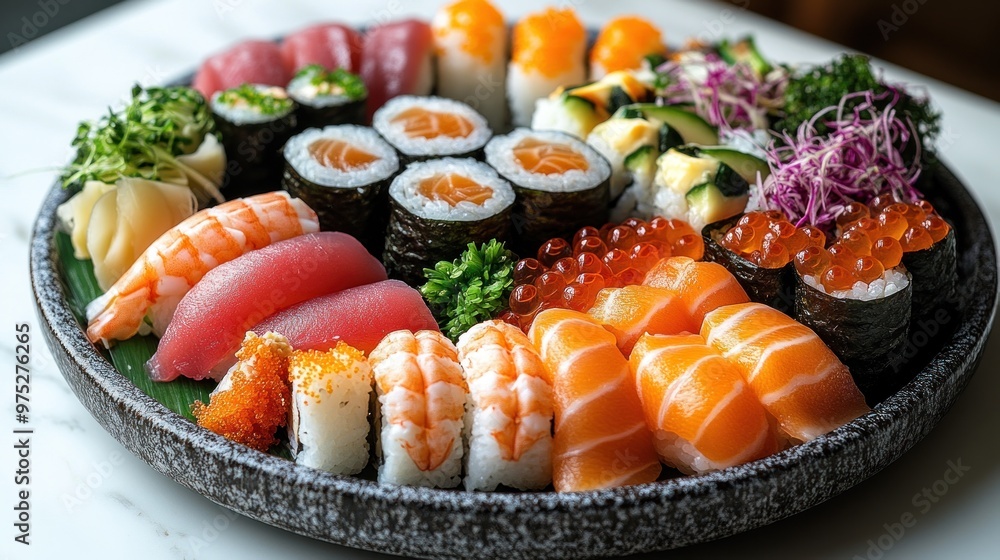 A vibrant platter of assorted sushi and sashimi delicacies. A vibrant platter of assorted sushi and sashimi delicacies.