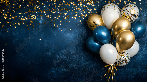celebratory metallic gold blue white balloons ribbon festive festival holiday celebration birthday background backdrop luxury luxurious confetti scattered sparkles elegant party invitation card ball