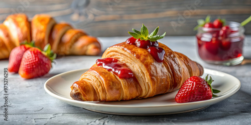 Delicious croissant with fresh strawberry jam on a plate , breakfast, pastry, French, baked, flaky, sweet, dessert, gourmet, indulgence