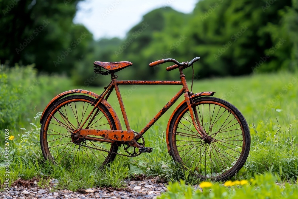 Watercolor of an old, rusted bicycle left in a field, symbolizing forgotten times Watercolor of an old, rusted bicycle left in a field, symbolizing forgotten times