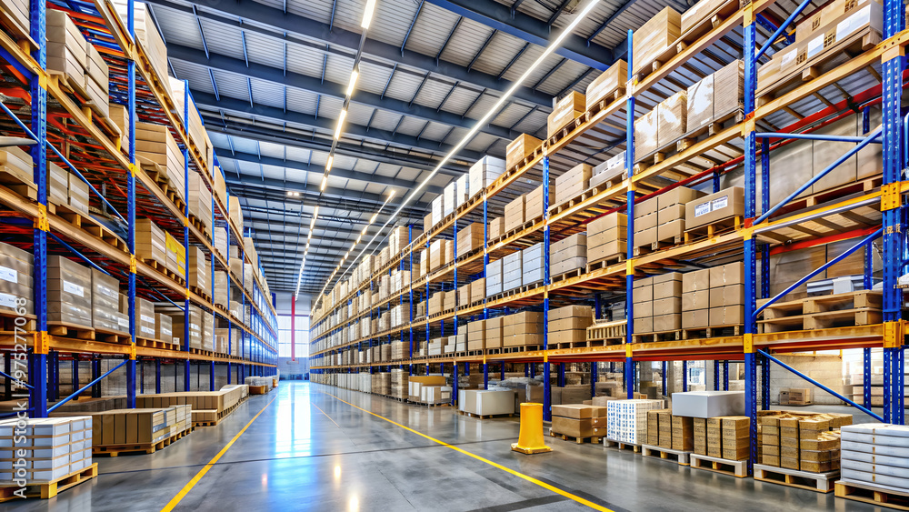 Rows of shelves with neatly organized boxes in a large modern warehouse, warehouse, inventory, storage Rows of shelves with neatly organized boxes in a large modern warehouse, warehouse, inventory, storage