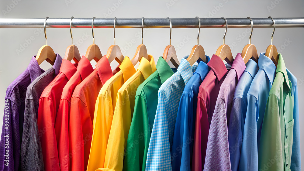 Fototapeta premium Colorful shirts hanging on metal hangers, style, fashion, multicolored, vibrant, diversity, clothing, apparel, closet
