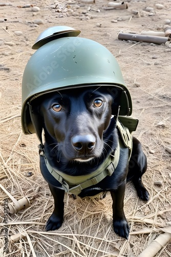 black dog in world war 3 wearing protection armor. survival for fittest. Generative AI