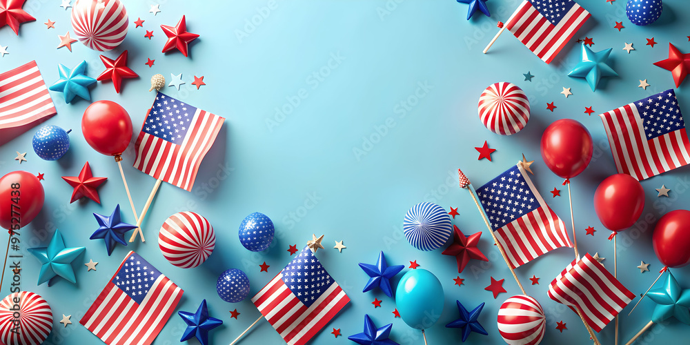 Obraz premium Aerial view of vibrant Independence Day decorations on a soft blue background , Independence Day