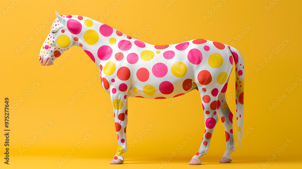 Obraz premium An animal figure resembling a horse painted in pink and yellow polka dots on a yellow background, resembling a toy giraffidae with a terrestrial snout and tail