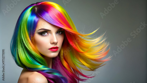 Portrait of a beautiful girl with rainbow neon asymmetric hair style on gray background , fashion, beauty, vibrant, colorful