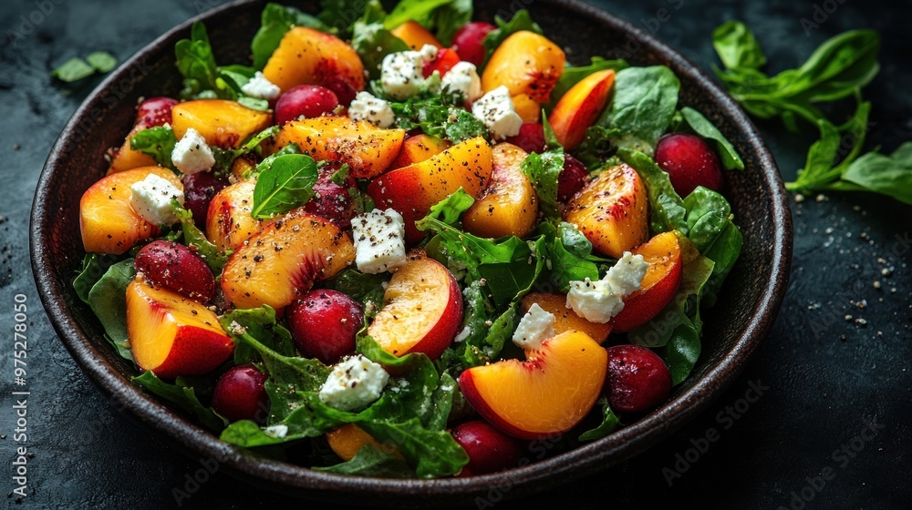 A vibrant salad featuring peaches, grapes, greens, and feta cheese. A vibrant salad featuring peaches, grapes, greens, and feta cheese.