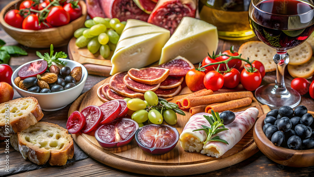 Close up of sliced deli meats, cheese, bread, tomatoes, olives, grapes, figs and wine for food macro photography, food Close up of sliced deli meats, cheese, bread, tomatoes, olives, grapes, figs and wine for food macro photography, food