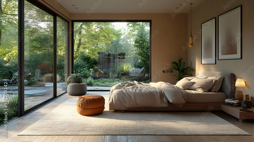 A modern bedroom with large windows overlooking a lush green garden A modern bedroom with large windows overlooking a lush green garden
