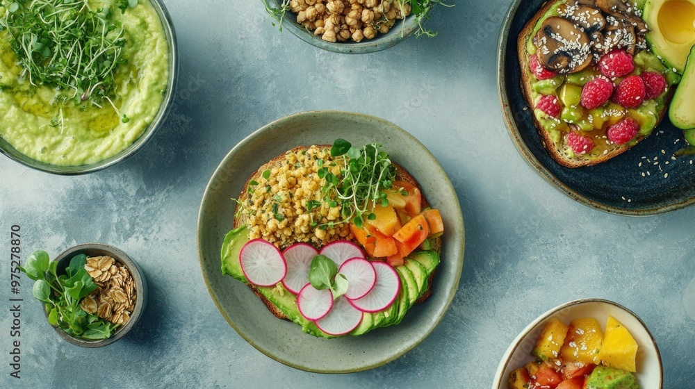 A vegan brunch menu with avocado toast topped with radishes and microgreens A vegan brunch menu with avocado toast topped with radishes and microgreens