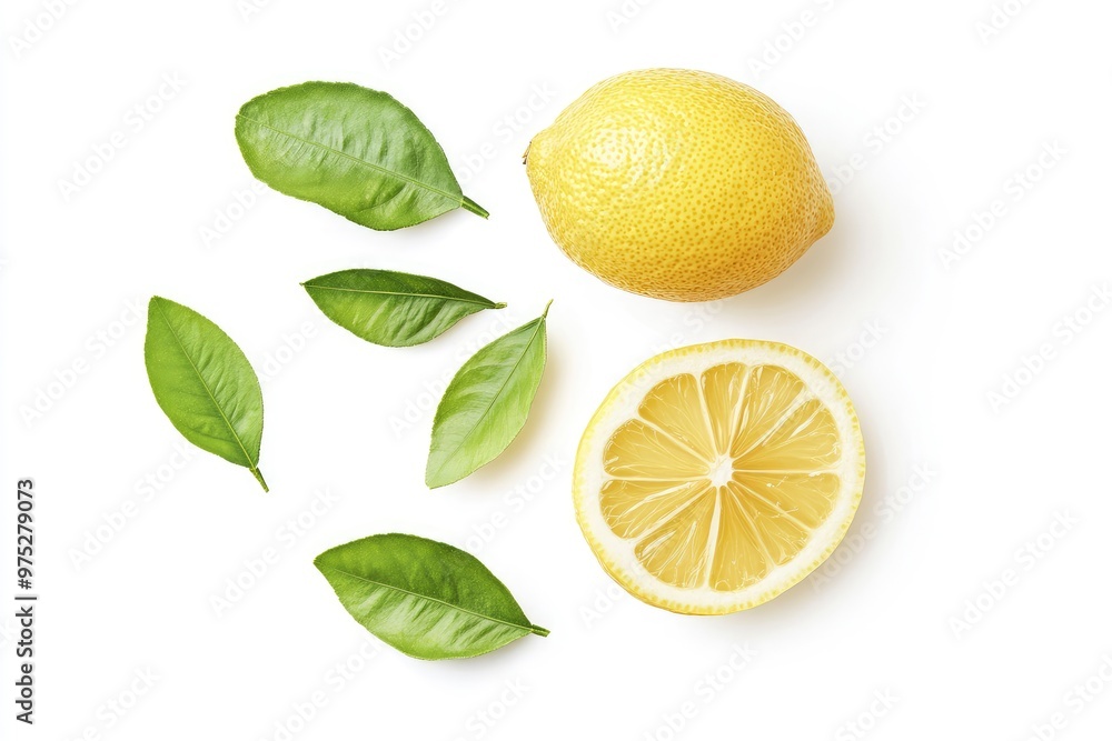lemon with slice and green leaves isolated on white background. clipping path, ai lemon with slice and green leaves isolated on white background. clipping path, ai