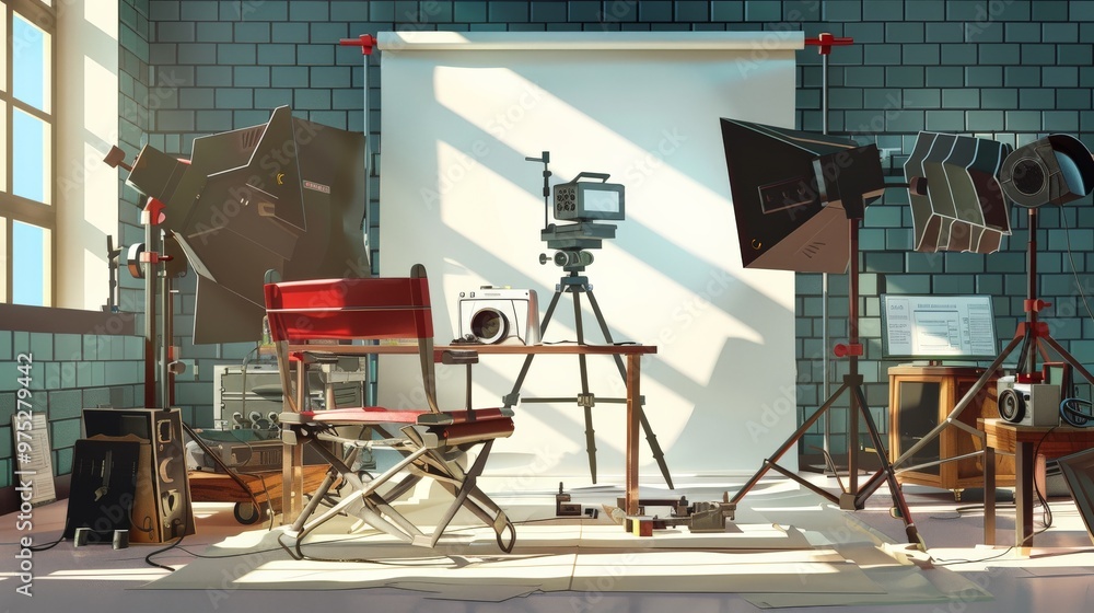 An illustrated movie set with a detailed backdrop, lighting rigs, and film crew at work An illustrated movie set with a detailed backdrop, lighting rigs, and film crew at work