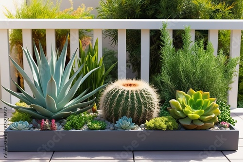 3D Virtual Tour of a Succulent Garden with Yucca Brevifolia Opuntia Ficus-Indica and Fresh Herbs photo