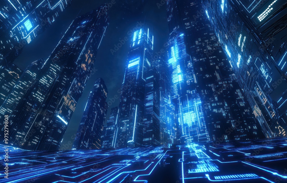 Cyberpunk Cityscape with Glowing Blue Lights Cyberpunk Cityscape with Glowing Blue Lights