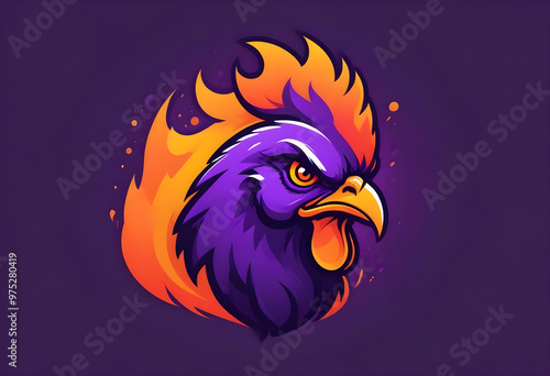 Vector logo illustration of a purple rooster with flames photo