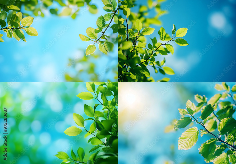 Obraz premium Blurred background of blue sky with green leaves in spring on a sunny day. Spring nature background