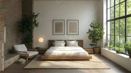 A spacious and modern bedroom with a king-size bed, two large windows, a fireplace, a rug, a chair, and plants.