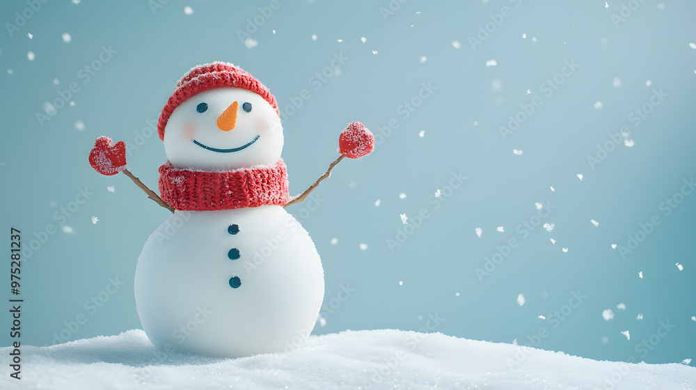 Playful snowman with red scarf, arms raised, standing on snow with snowflakes falling against a bright winter sky Playful snowman with red scarf, arms raised, standing on snow with snowflakes falling against a bright winter sky