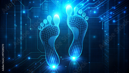 Glowing digital blue footprints on dark technological background, digital, blue, footprints, glowing, dark, technological photo