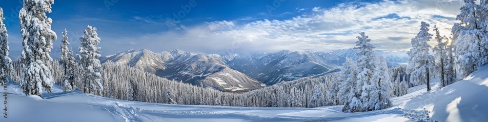 Obraz premium Snowy mountains, forested landscape, winter scenery, panoramic view, snow-covered trees, cold wilderness, peaceful nature, frosty weather, scenic outdoors, tranquility, winter concept