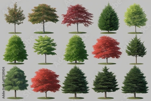 Top View Illustration of Acer Saccharum Cherry Trees and Norway Spruce for Vibrant Horticultural Design Projects photo