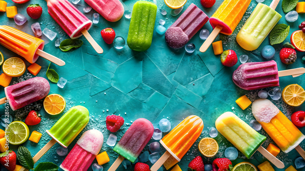 Vibrant flatlay of colorful popsicles and ice cream, perfect for summer treats, popsicles, ice cream, colorful, vibrant Vibrant flatlay of colorful popsicles and ice cream, perfect for summer treats, popsicles, ice cream, colorful, vibrant