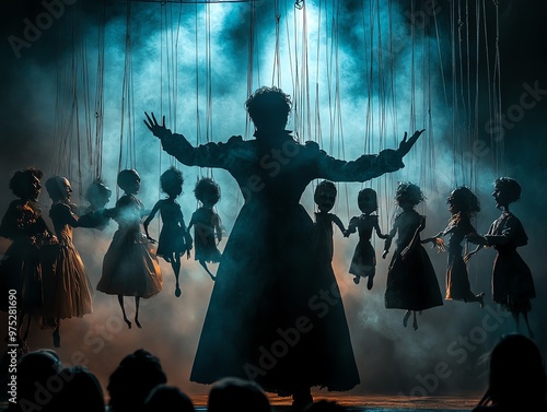 Creepy puppeteer controlling marionettes with a spell, their eerie movements spreading terror in the audience photo