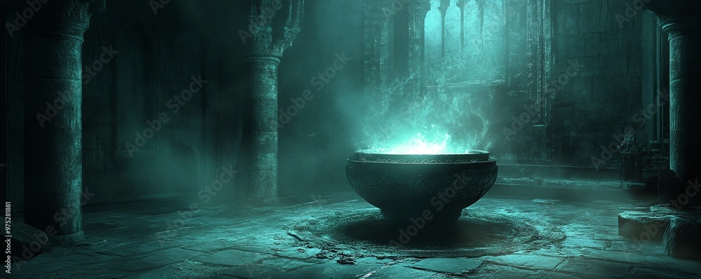 Darkened room with a scary cauldron in the center, glowing with a malevolent light, eerie sounds echoing Darkened room with a scary cauldron in the center, glowing with a malevolent light, eerie sounds echoing