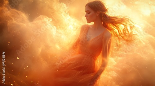 Dreamy woman in a light orange dress, radiating an ethereal glow, drifting through a soft, hazy landscape